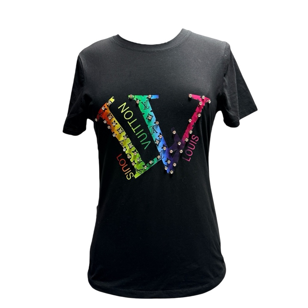 Luxury Fashion fitted Black Tee with Rainbow Logo and Stu